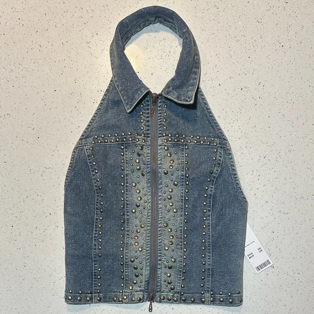 NWT studded open-back cropped denim vest top by Urban Outfitters / NEW - Picture 5 of 16